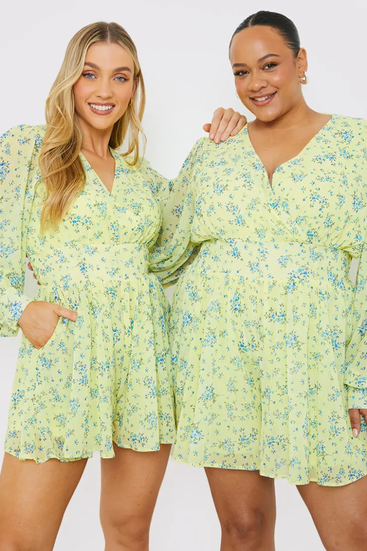 New In the Style Printed Balloon Sleeve Playsuit Yellow