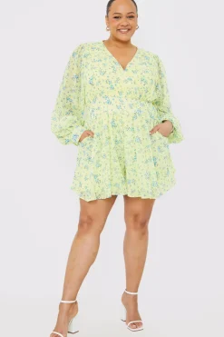 New In the Style Printed Balloon Sleeve Playsuit Yellow