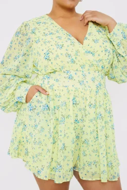 New In the Style Printed Balloon Sleeve Playsuit Yellow