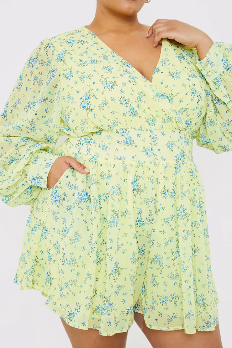 New In the Style Printed Balloon Sleeve Playsuit Yellow