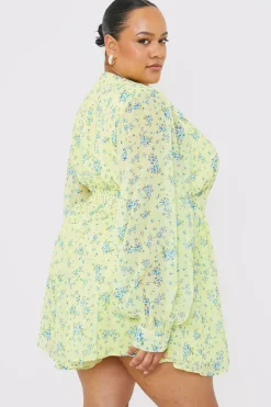 New In the Style Printed Balloon Sleeve Playsuit Yellow