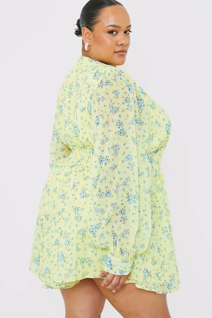 New In the Style Printed Balloon Sleeve Playsuit Yellow