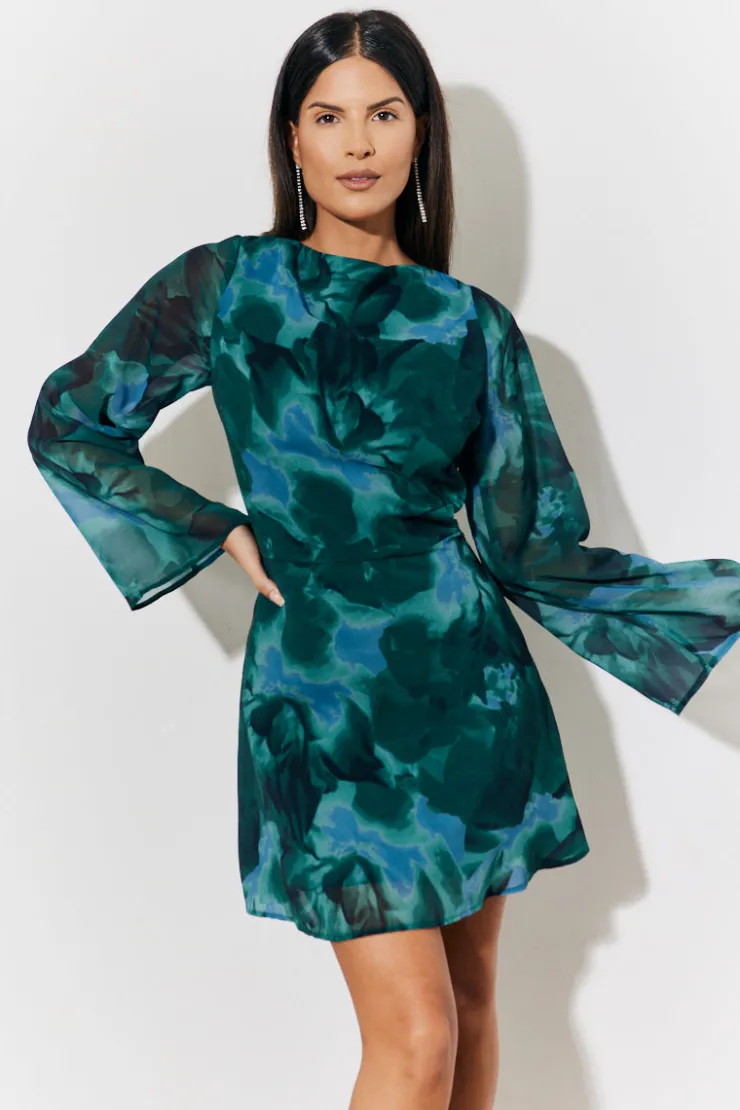 Clearance In the Style Printed Draped Back Boat Neck Mini Dress Green