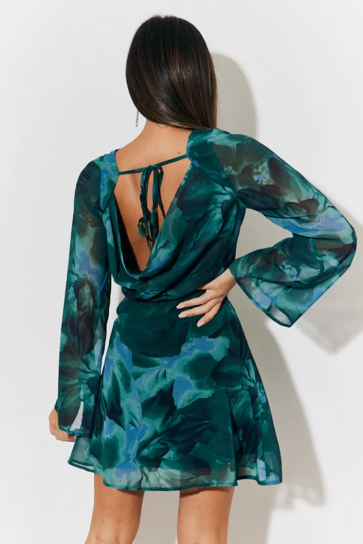 Clearance In the Style Printed Draped Back Boat Neck Mini Dress Green