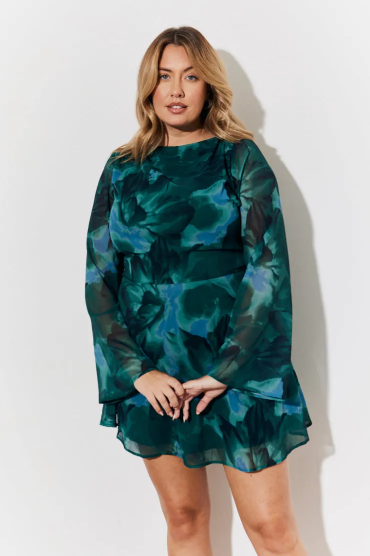 Clearance In the Style Printed Draped Back Boat Neck Mini Dress Green