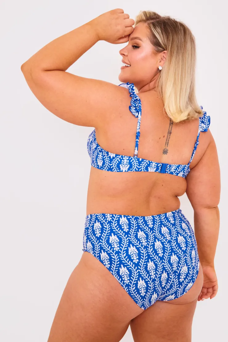 Hot Billie Faiers Printed Frill Strap Bust Detail Bikini Top Navy