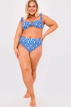Hot Billie Faiers Printed Frill Strap Bust Detail Bikini Top Navy