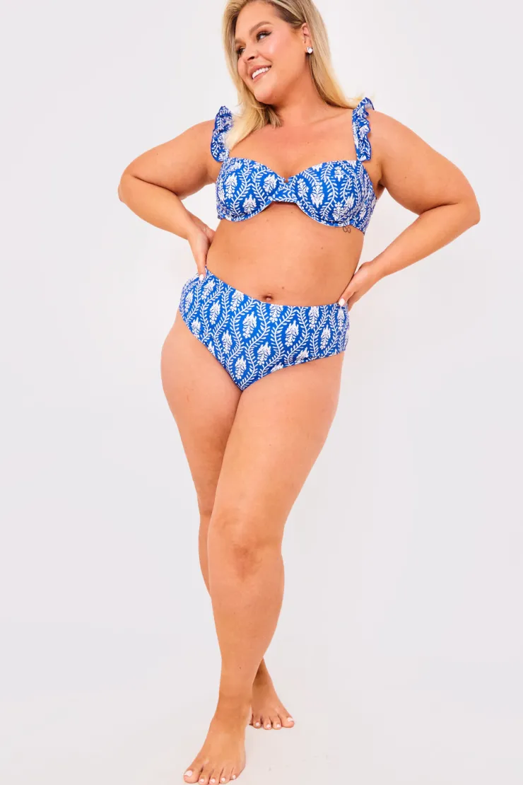 Hot Billie Faiers Printed Frill Strap Bust Detail Bikini Top Navy