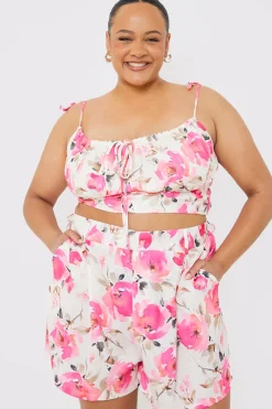 Online In the Style Printed Gathered Bust Co-ord Top Pink