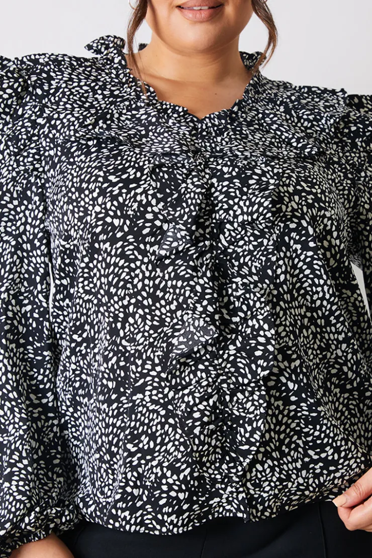 Best In The Style Printed Ruffle Blouse Black