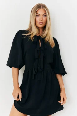 Best In the Style Puff Sleeve Bow Detail Mini Dress Black