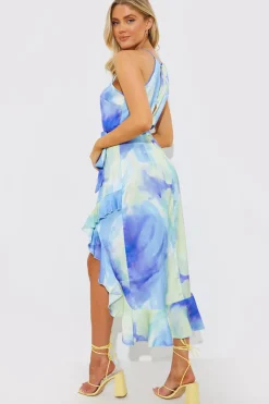 New In the Style Racer Neck Abstract Print Satin Frill Belted Midaxi Dress Blue