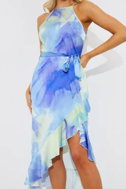 New In the Style Racer Neck Abstract Print Satin Frill Belted Midaxi Dress Blue