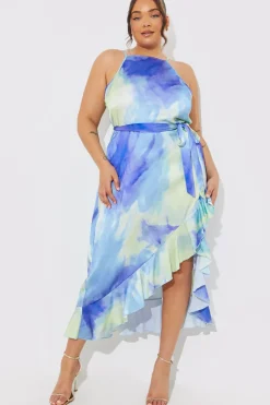 New In the Style Racer Neck Abstract Print Satin Frill Belted Midaxi Dress Blue