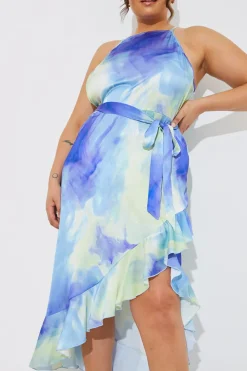 New In the Style Racer Neck Abstract Print Satin Frill Belted Midaxi Dress Blue