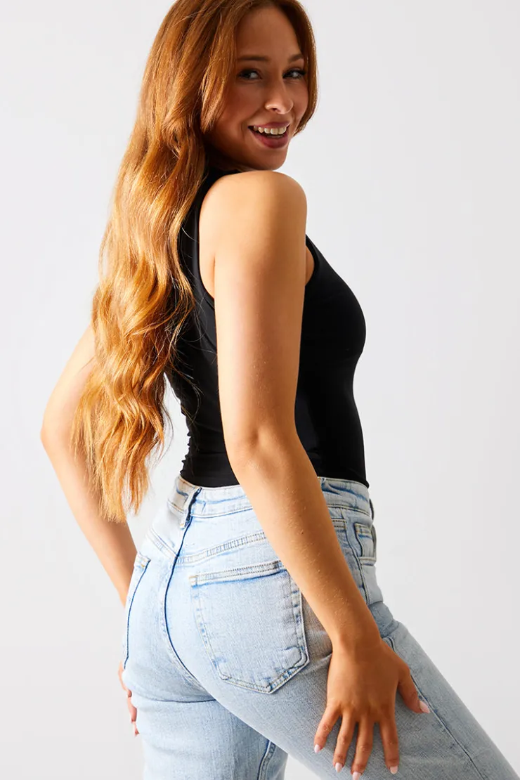 Discount In The Style Racer Neck Double Layer Slinky Bodysuit