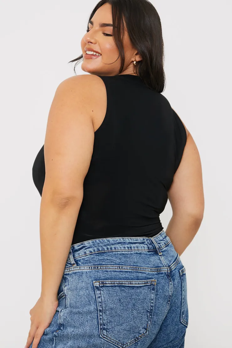 Discount In The Style Racer Neck Double Layer Slinky Bodysuit