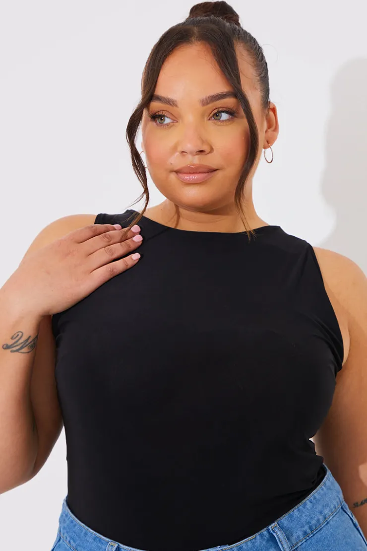Discount In The Style Racer Neck Double Layer Slinky Bodysuit