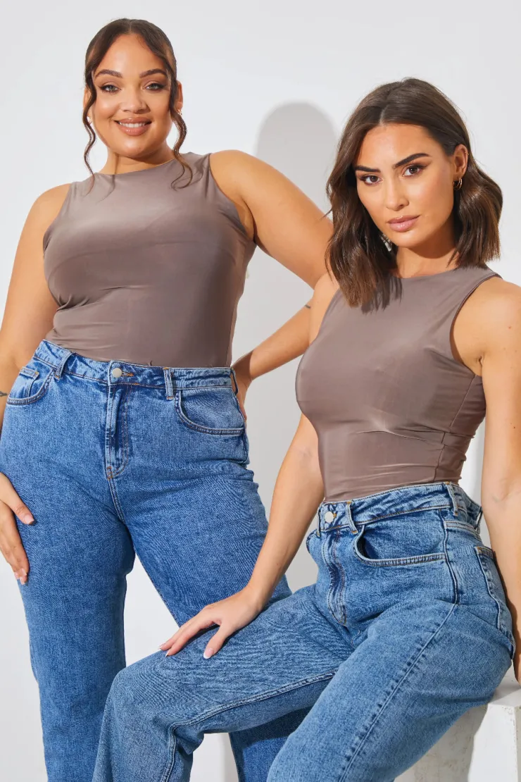 Discount In The Style Racer Neck Double Layer Slinky Bodysuit