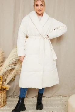 In the Style Recycled Belted Longline Lapel Collar Puffer Stone
