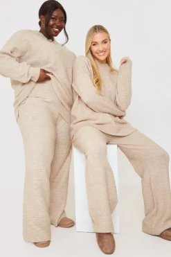 Outlet In the Style Recycled Contrast Knitted Ribbed Co Ord Wide Leg Trouser Oatmeal