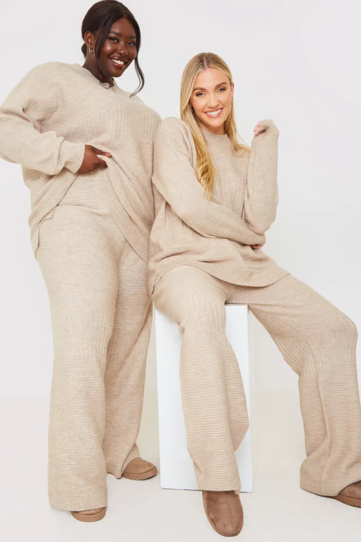 Outlet In the Style Recycled Contrast Knitted Ribbed Co Ord Wide Leg Trouser Oatmeal