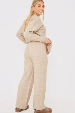 Outlet In the Style Recycled Contrast Knitted Ribbed Co Ord Wide Leg Trouser Oatmeal