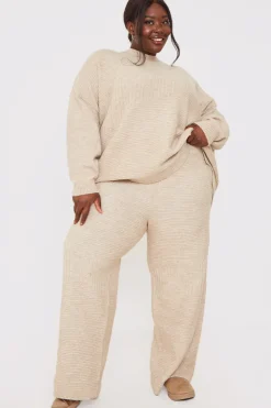 Outlet In the Style Recycled Contrast Knitted Ribbed Co Ord Wide Leg Trouser Oatmeal