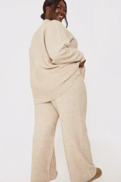 Outlet In the Style Recycled Contrast Knitted Ribbed Co Ord Wide Leg Trouser Oatmeal
