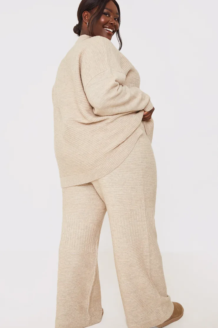 Outlet In the Style Recycled Contrast Knitted Ribbed Co Ord Wide Leg Trouser Oatmeal