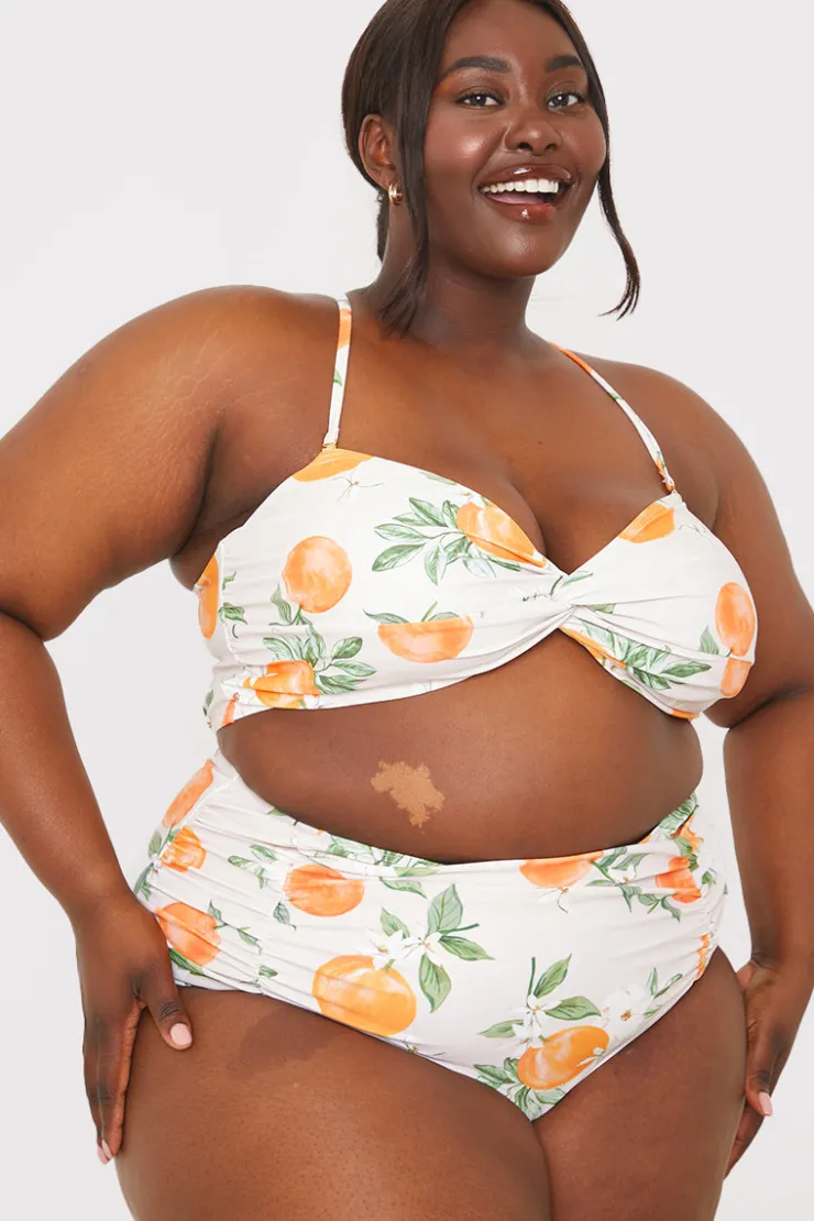 Sale In the Style Recycled Control Orange Print Ruched Detail High Waisted Bikini Bottoms Multi