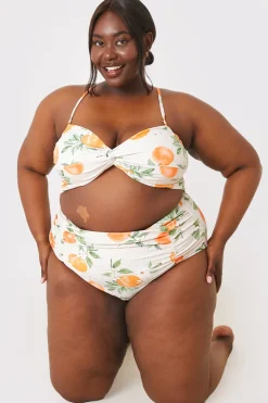 Sale In the Style Recycled Control Orange Print Ruched Detail High Waisted Bikini Bottoms Multi