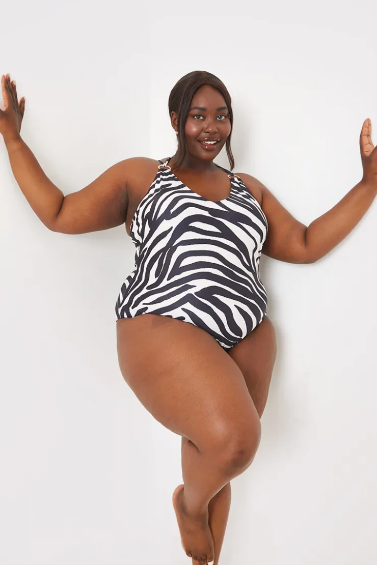 Clearance In the Style Recycled Control Zebra Print Ring Detail Swimsuit Black