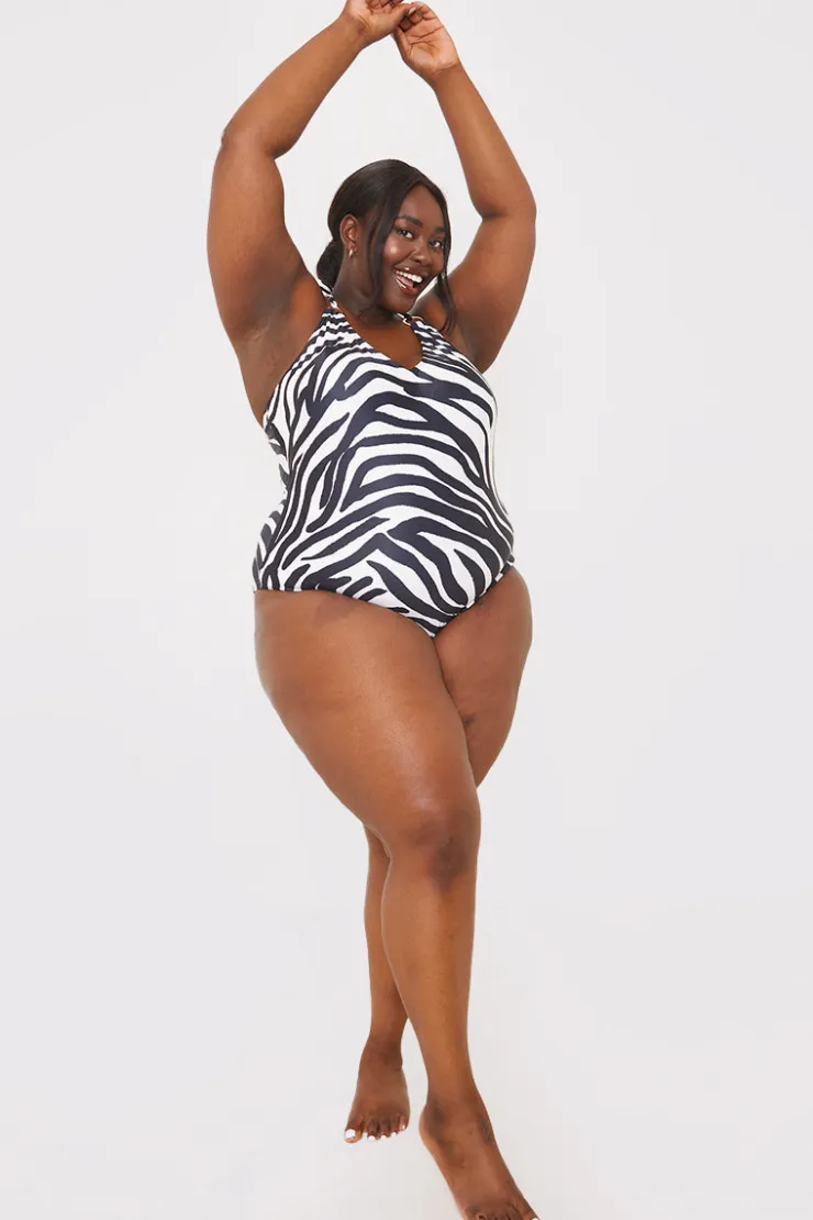 Clearance In the Style Recycled Control Zebra Print Ring Detail Swimsuit Black