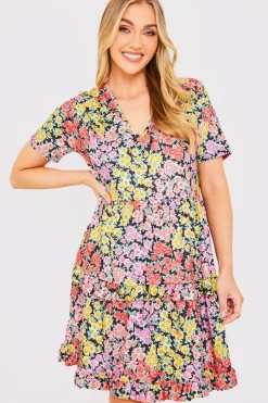 Outlet In the Style Recycled Floral Frill Mini Dress Yellow