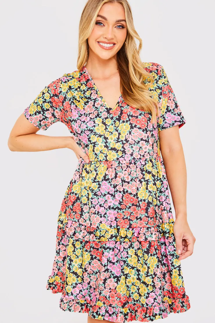 Outlet In the Style Recycled Floral Frill Mini Dress Yellow