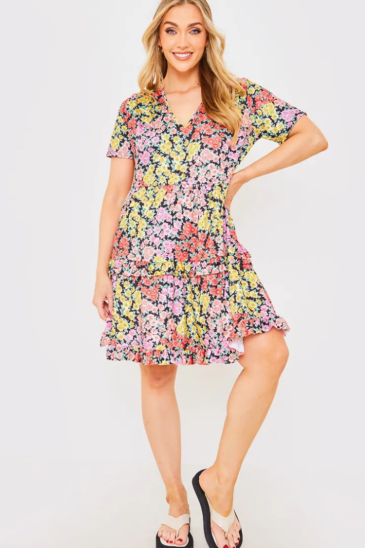 Outlet In the Style Recycled Floral Frill Mini Dress Yellow