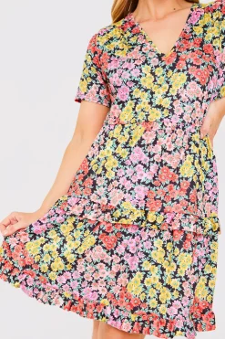 Outlet In the Style Recycled Floral Frill Mini Dress Yellow