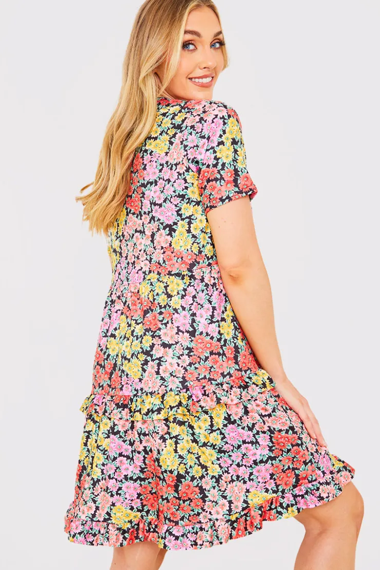 Outlet In the Style Recycled Floral Frill Mini Dress Yellow