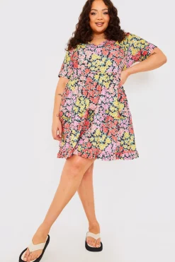 Outlet In the Style Recycled Floral Frill Mini Dress Yellow