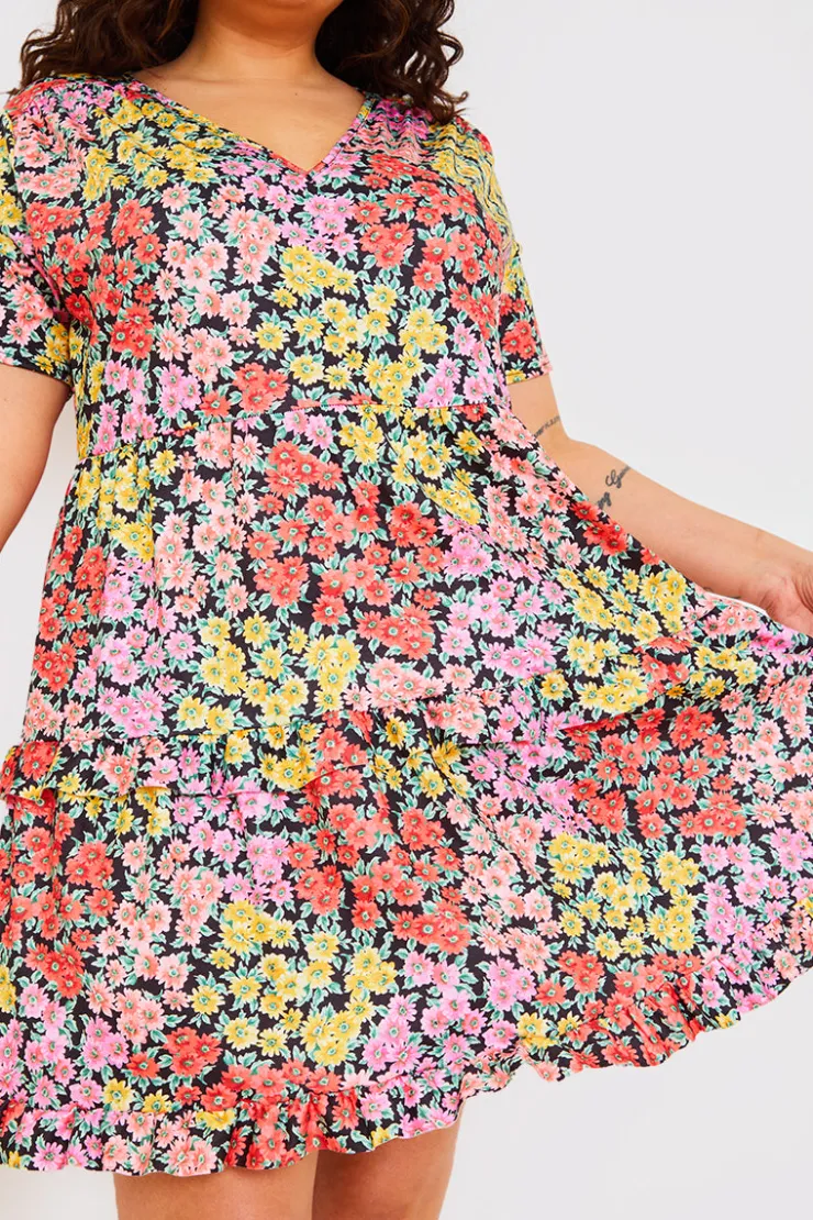 Outlet In the Style Recycled Floral Frill Mini Dress Yellow