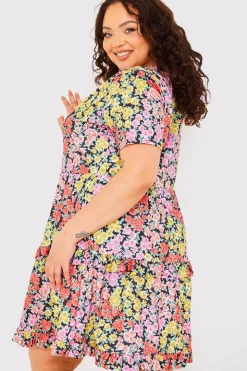 Outlet In the Style Recycled Floral Frill Mini Dress Yellow