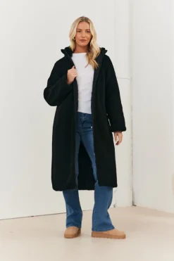 Best In the Style Recycled Reversible Longline Borg Puffer Coat Black