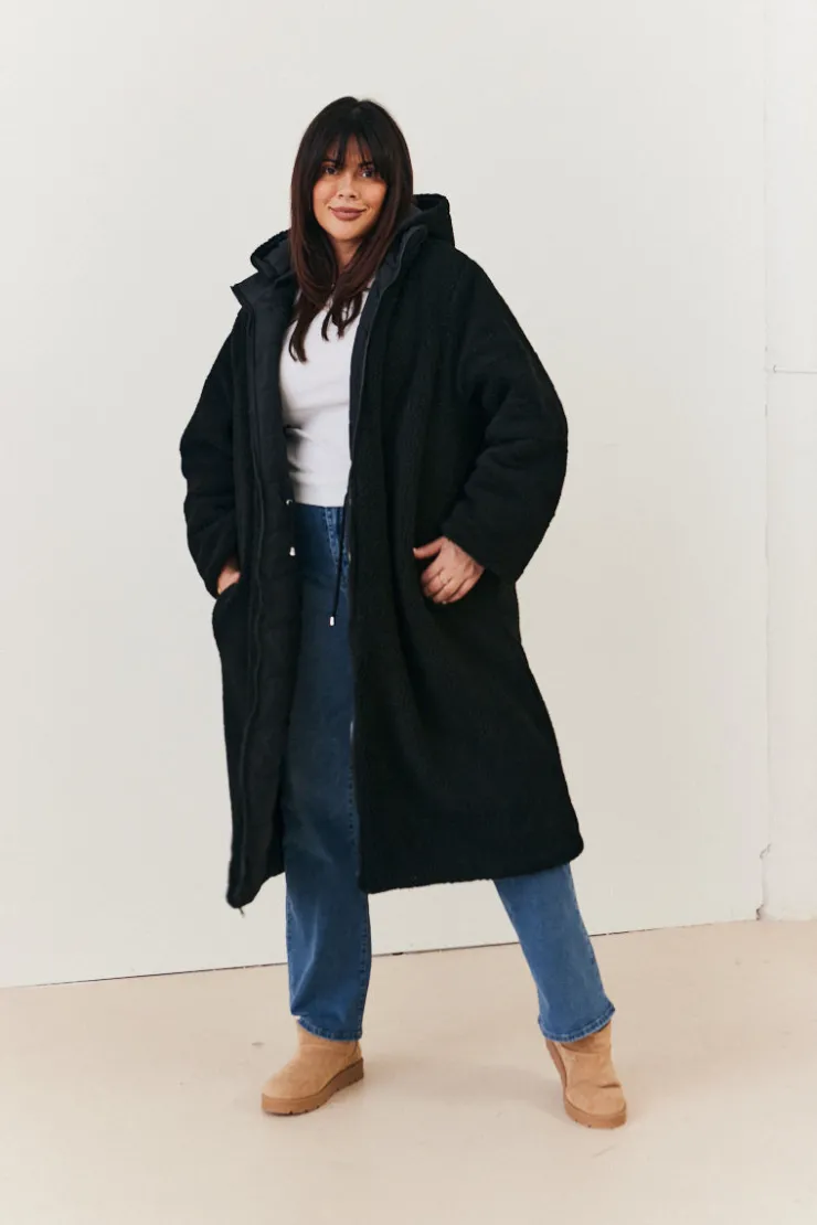 Best In the Style Recycled Reversible Longline Borg Puffer Coat Black