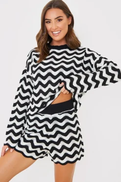In the Style Recycled Stripe Chevron Co Ord Shorts Monochrome