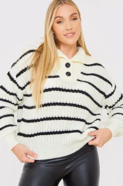 New In the Style Recycled Stripe Half Button Knitted Jumper Black