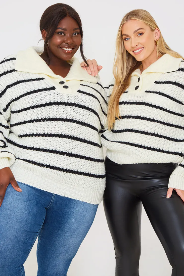 New In the Style Recycled Stripe Half Button Knitted Jumper Black
