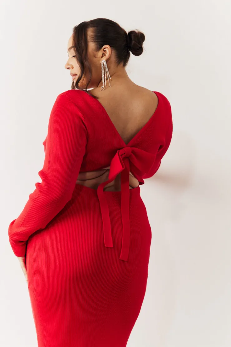 In the Style Bow Back Knitted Midaxi Dress Red
