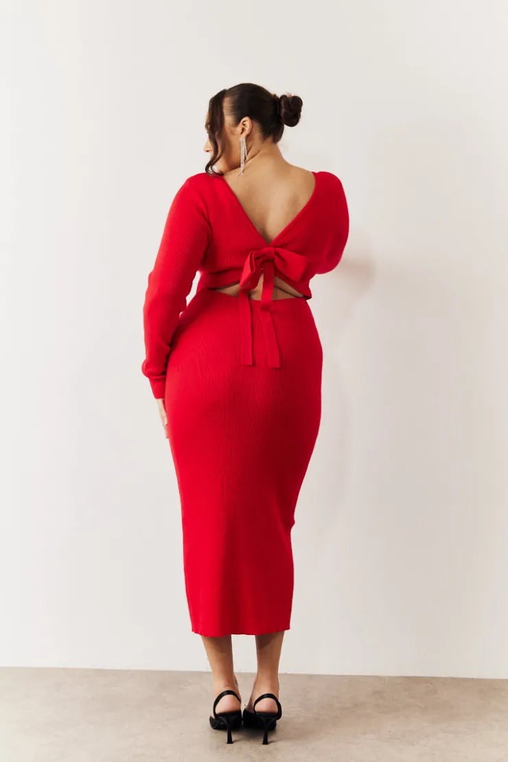 In the Style Bow Back Knitted Midaxi Dress Red
