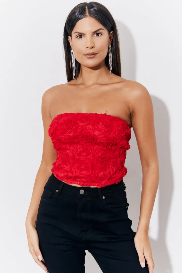 Best In the Style 3D Floral Bandeau Top Red